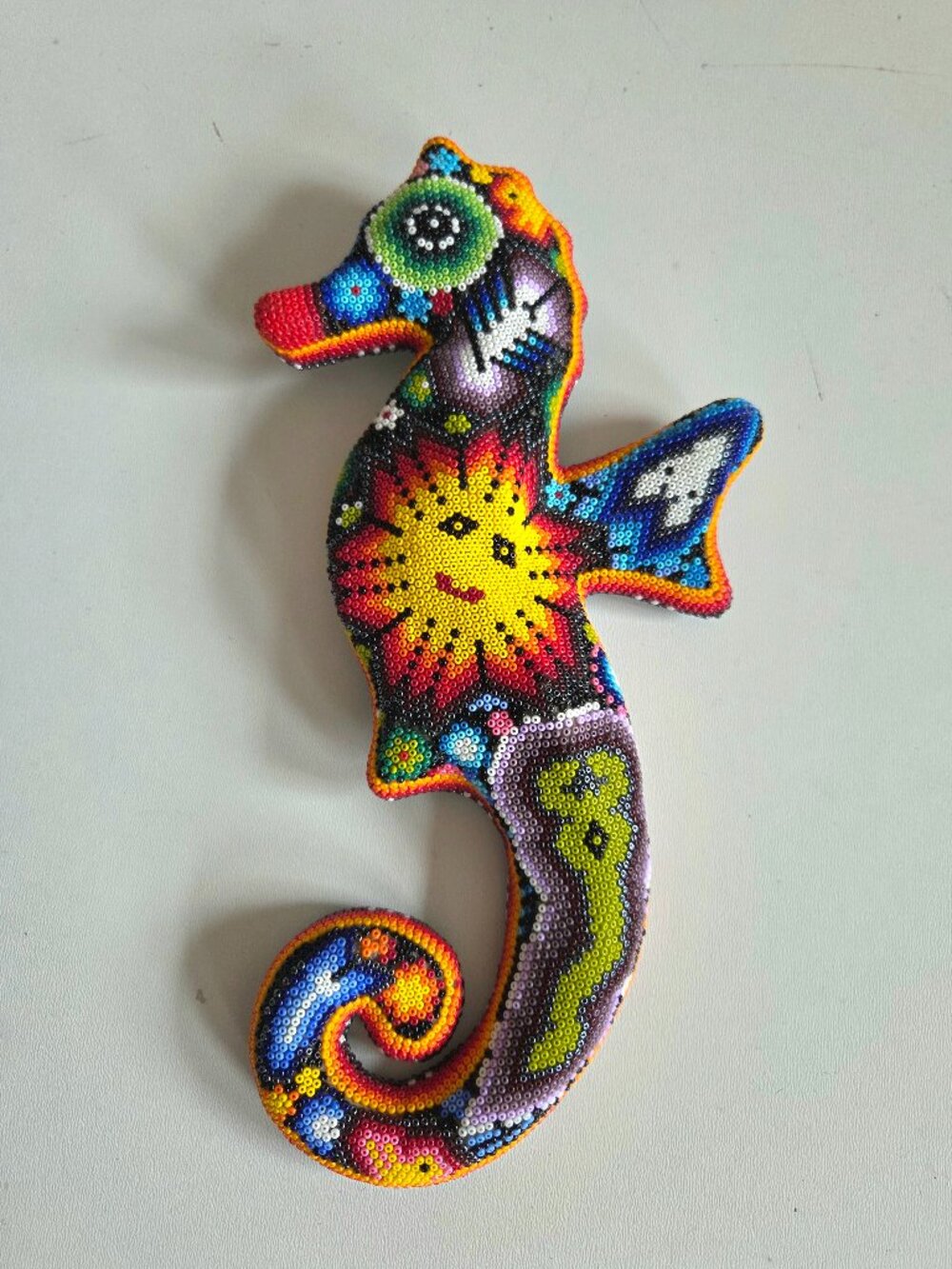 Handmade Mexican Huichol Beaded Seahorse Wall Hanging Art